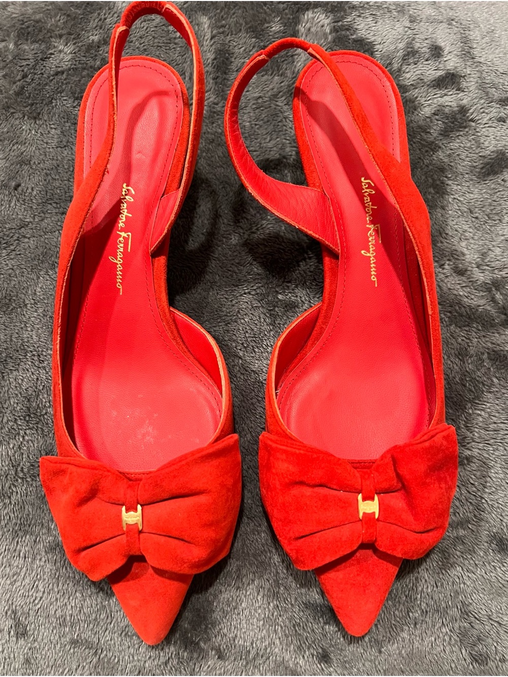 Salvatore Ferragamo Red Suede Bow Slingback Heels with Gold Accent
